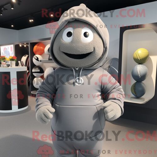 Costume Mascotte Redbrokoly De Ballon De Rugby Gris Personnage Habillé Avec Un Sweat À Capuche Et Des Bandeaux