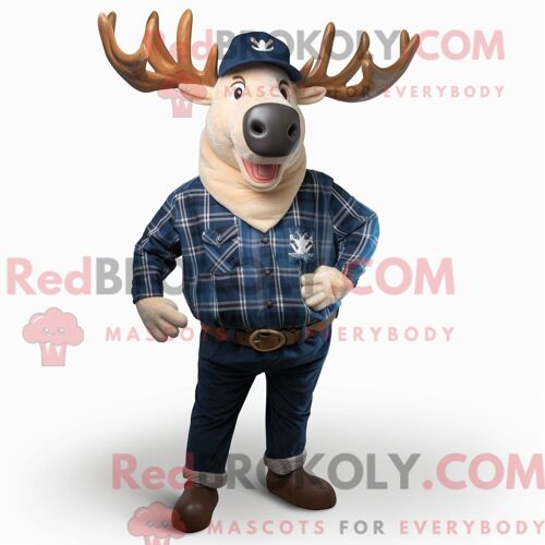 Costume De Mascotte Redbrokoly D Élan Bleu Marine Habillé D Une Chemise En Flanelle Et D Anneaux