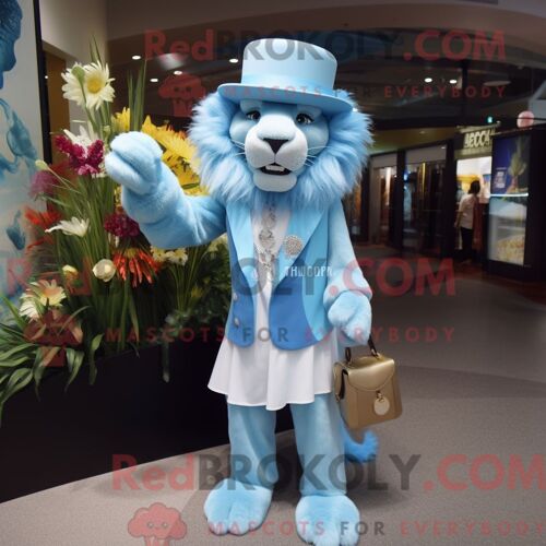Costume De Mascotte Redbrokoly De Lion Bleu Ciel Habillé D Une Robe Fourreau Et D Épingles À Chapeau