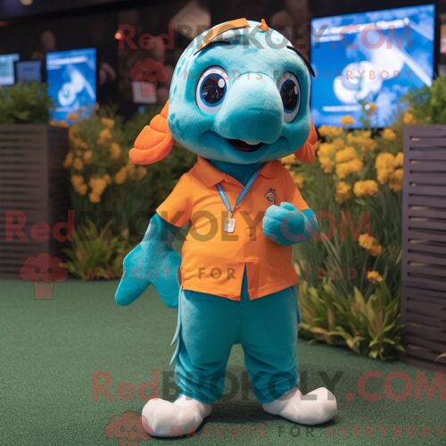 Costume De Mascotte Redbrokoly De Poisson Rouge Turquoise Habillé D Un Polo Et De Bracelets