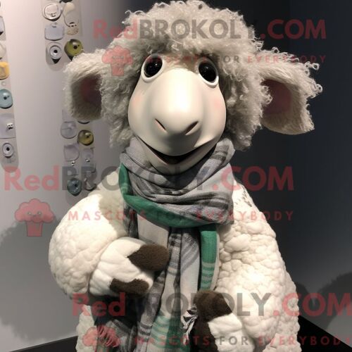 Costume Mascotte Redbrokoly De Mouton Mérinos Gris Personnage Habillé Avec Une Blouse Et Des Clips Pour Écharpe