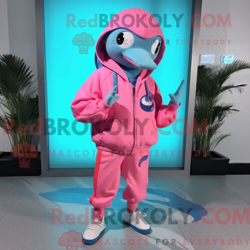 Costume De Mascotte Redbrokoly De Dauphin Rose Personnage Habillé Avec Une Veste Et Des Lacets De Chaussures