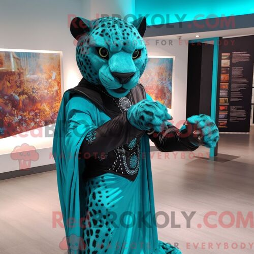 Costume Mascotte Redbrokoly De Panthère Turquoise Habillé D Une Robe Et De Ceintures De Smoking