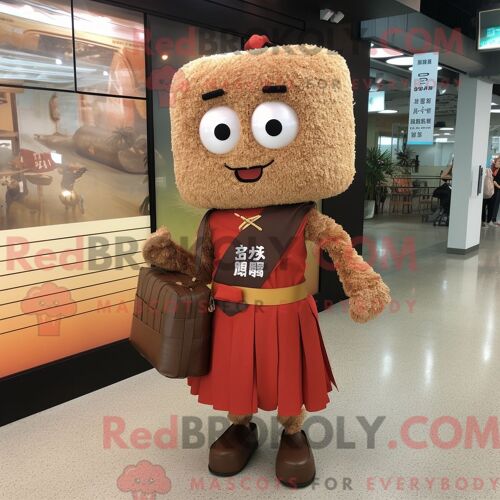 Personnage De Costume De Mascotte Redbrokoly De Riz Frit Rouille Habillé D Une Robe Droite Et De Sacs Messager