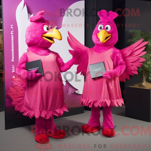 Personnage De Costume De Mascotte Redbrokoly De Poulet Au Beurre Magenta Habillé Avec Une Jupe Plissée Et Des Portefeuilles