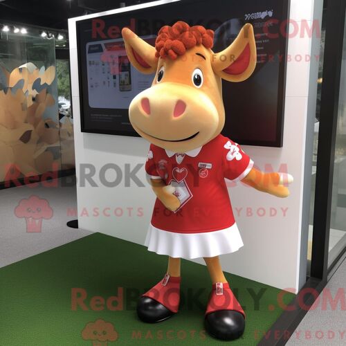 Costume De Mascotte Redbrokoly De Vache En Jersey Rouge Personnage Habillé Avec Une Mini-Jupe Et Des Pochettes