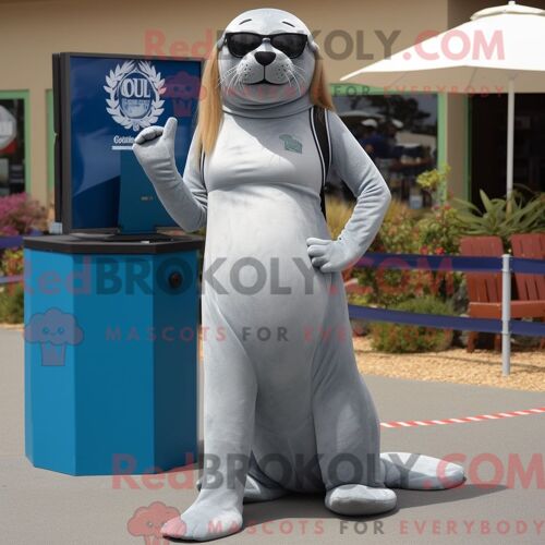 Costume De Mascotte Redbrokoly D Otarie Grise Personnage Habillé Avec Un Legging Et Des Lunettes De Soleil