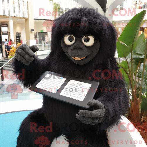 Costume De Mascotte Redbrokoly De Paresseux Géant Noir Habillé D Un Chemisier Et De Lunettes De Lecture