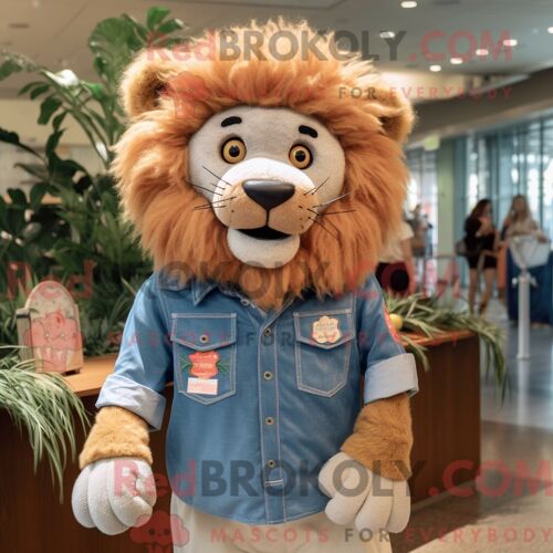 Costume De Mascotte Redbrokoly De Lion Tamer De Pêche Habillé D Une Chemise En Chambray Et De Boucles D Oreilles