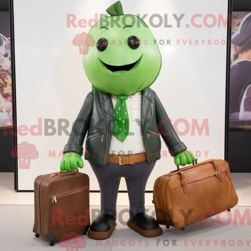 Personnage Mascotte Redbrokoly De Radis Vert Habillé D Une Veste En Cuir Et De Porte-Documents