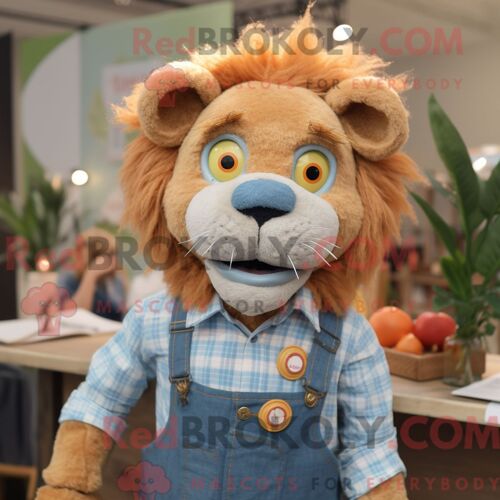 Costume De Mascotte Redbrokoly De Lion Tamer De Pêche Habillé D Une Chemise En Chambray Et De Boucles D Oreilles