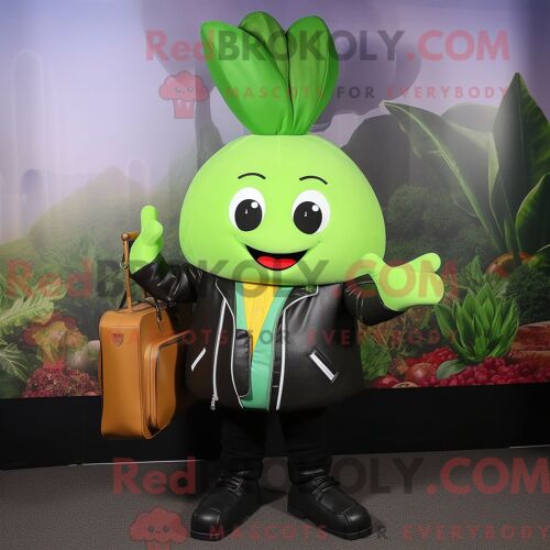 Personnage Mascotte Redbrokoly De Radis Vert Habillé D Une Veste En Cuir Et De Porte-Documents