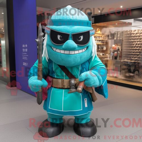 Costume Mascotte Redbrokoly De Samouraï Turquoise Personnage Habillé Avec Un Gilet Et Des Lunettes