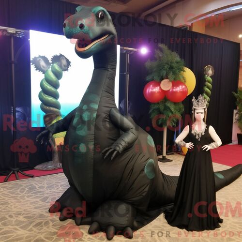 Costume De Mascotte Redbrokoly De Brachiosaure Noir Personnage Habillé D Une Robe De Soirée Et D Un Porte-Monnaie