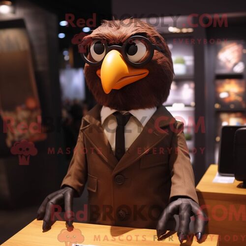Personnage De Costume De Mascotte Redbrokoly De Corbeau Brun Habillé Avec Un Costume Et Des Lunettes