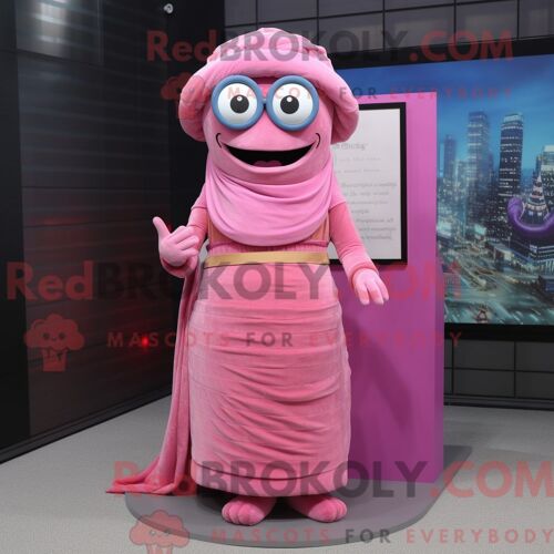 Costume De Mascotte Redbrokoly De Momie Rose Personnage Habillé D Une Robe De Bal Et De Lunettes De Lecture