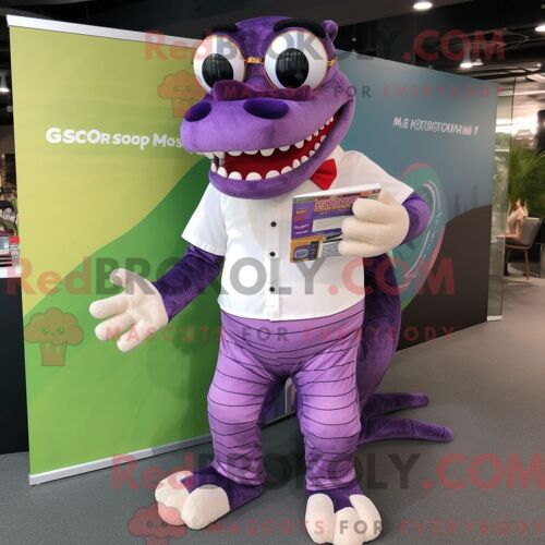 Costume De Mascotte Redbrokoly De Crocodile Violet Habillé D Une Jupe Plissée Et De Lunettes De Lecture
