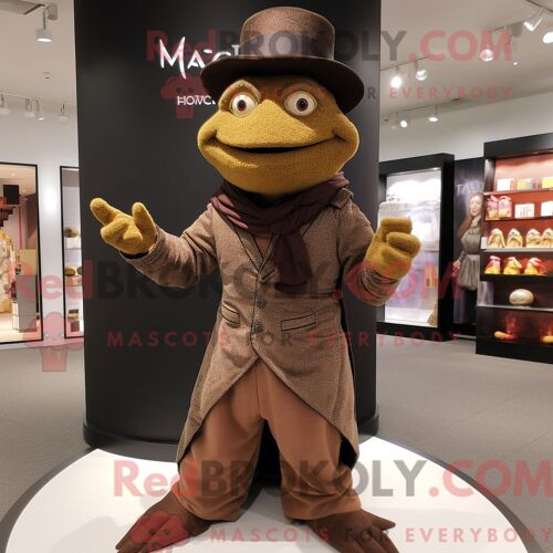 Costume Mascotte Redbrokoly De Magicien Marron Habillé D Un Col Roulé Et De Pochettes De Costume
