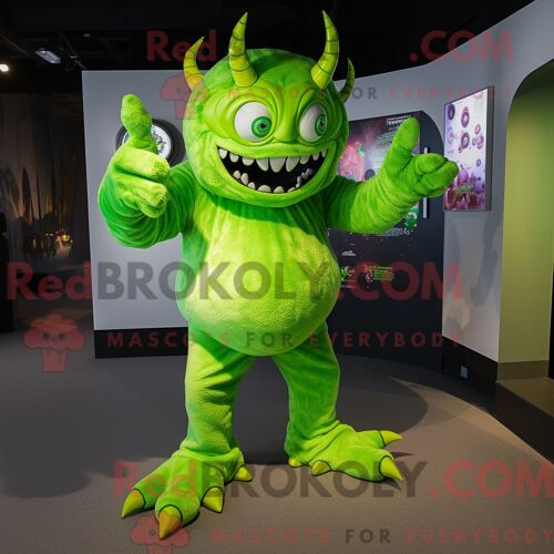 Mascotte Redbrokoly De Démon Vert Citron Personnage Habillé Avec Une Combishort Et Des Bonnets