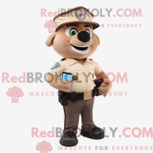 Personnage De Costume De Mascotte Redbrokoly D Officier De Police Beige Habillé Avec Un T-Shirt À Col En V Et Des Portefeuilles