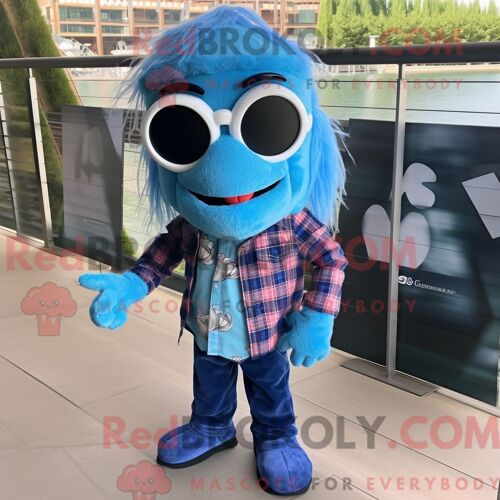 Costume De Mascotte Redbrokoly De Poisson Betta Bleu Personnage Habillé Avec Une Chemise En Flanelle Et Des Lunettes De Soleil