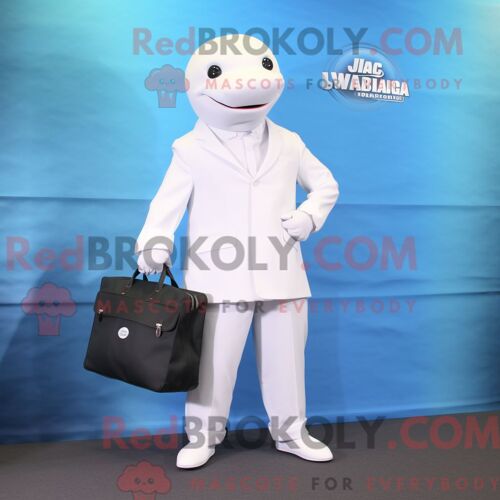 Costume De Mascotte Redbrokoly De Béluga Blanc Personnage Habillé D Un Pantalon De Costume Et De Sacs Messager