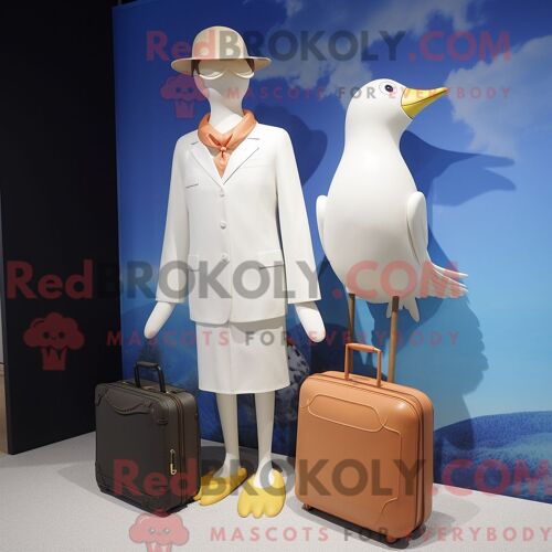 Costume Mascotte Redbrokoly De Goéland Crème Habillé D Un Maillot De Bain Une Pièce Et De Porte-Documents