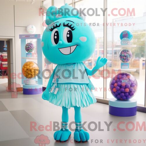 Costume Mascotte Redbrokoly De Cyan Candy Personnage Habillé Avec Une Mini-Jupe Et Des Bracelets