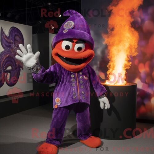 Costume De Mascotte Redbrokoly De Cracheur De Feu Violet Habillé D Une Combinaison Et De Bonnets