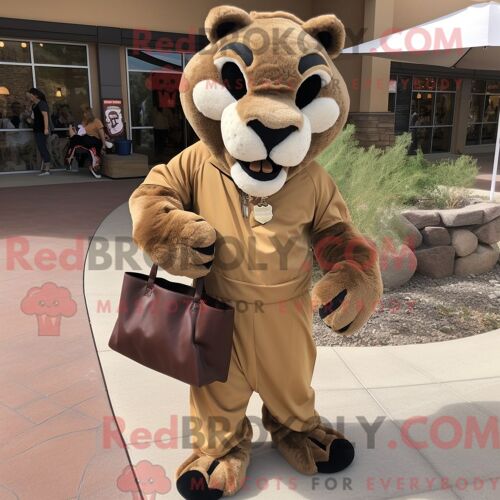 Costume De Mascotte Redbrokoly De Lion De Montagne Marron Habillé D Une Jupe-Culotte Et De Sacs À Main