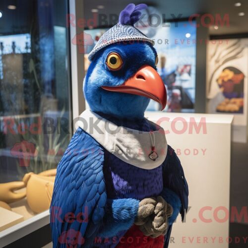 Costume Mascotte Redbrokoly De Faisan Bleu Habillé D Un Pull Et De Mitaines