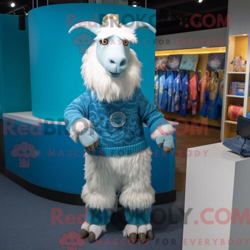 Costume Mascotte Redbrokoly De Chèvre Angora Cyan Habillé D Un Pull Et De Ceintures