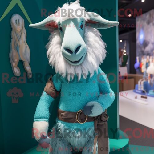 Costume Mascotte Redbrokoly De Chèvre Angora Cyan Habillé D Un Pull Et De Ceintures