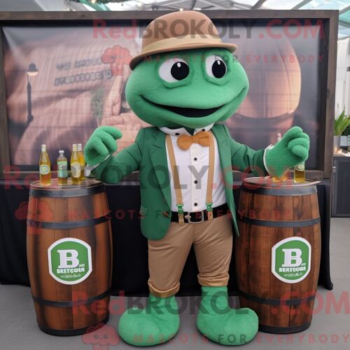 Costume Mascotte Redbrokoly De Bière Verte Rouille Personnage Habillé D Un Blazer Et De Bretelles