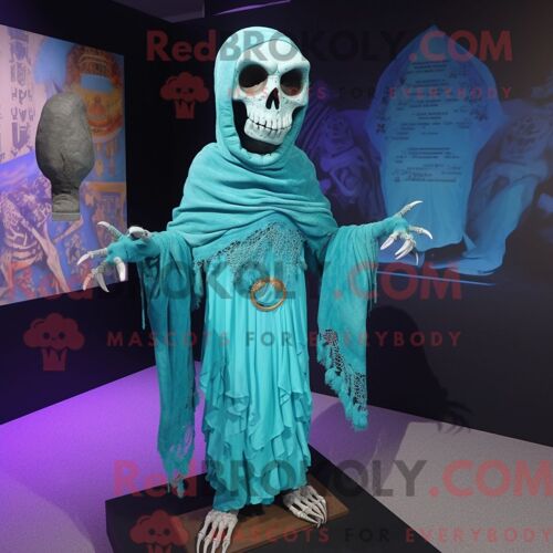 Costume De Mascotte Redbrokoly De Mort-Vivant Turquoise Habillé D Une Robe Fourreau Et De Châles