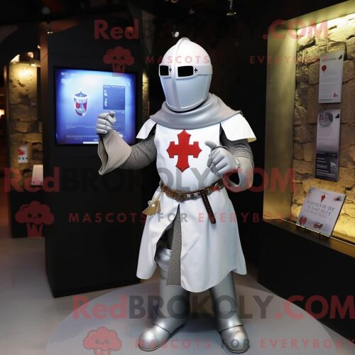Costume De Mascotte Redbrokoly De Chevalier Médiéval Blanc Personnage Habillé D Une Chemise Oxford Et De Broches