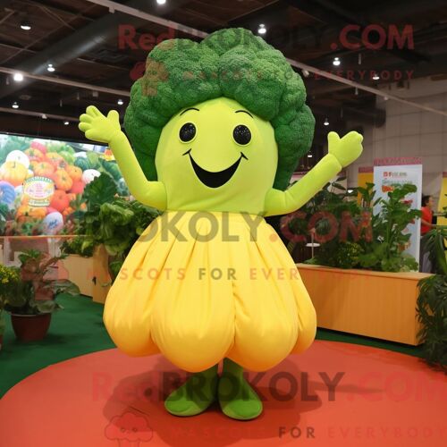 Costume Mascotte Redbrokoly De Brocoli Jaune Citron Habillé D Une Jupe Plissée Et D Anneaux