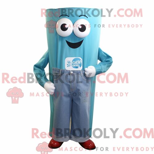 Costume De Mascotte Redbrokoly De Canette De Soda Bleu Sarcelle Habillé D Une Chemise En Jean Et D Épingles À Cravate