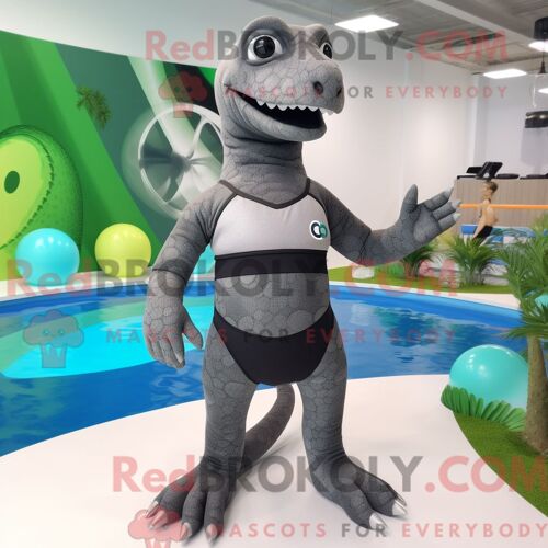Costume Mascotte Redbrokoly De Diplodocus Gris Personnage Habillé Avec Un Maillot De Bain Et Des Bagues
