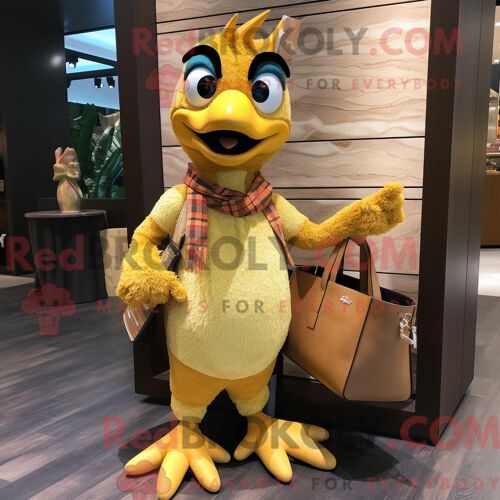 Personnage De Costume De Mascotte Redbrokoly De Pic Doré Habillé Avec Un Jean Boyfriend Et Des Sacs Fourre-Tout