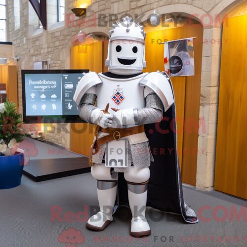 Costume De Mascotte Redbrokoly De Chevalier Médiéval Blanc Personnage Habillé D Une Chemise Oxford Et De Broches