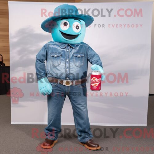 Costume De Mascotte Redbrokoly De Canette De Soda Bleu Sarcelle Habillé D Une Chemise En Jean Et D Épingles À Cravate