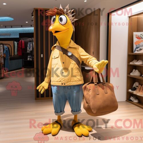 Personnage De Costume De Mascotte Redbrokoly De Pic Doré Habillé Avec Un Jean Boyfriend Et Des Sacs Fourre-Tout