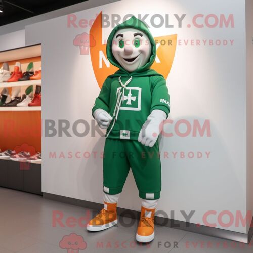 Personnage De Costume De Mascotte Redbrokoly Du Drapeau Irlandais Habillé Avec Un Sweat À Capuche Et Des Lacets De Chaussures