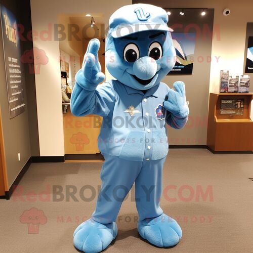 Personnage De Costume De Mascotte Redbrokoly De Soldat Américain Bleu Ciel Habillé Avec Un T-Shirt De Baseball Et Des Boucles D'oreilles
