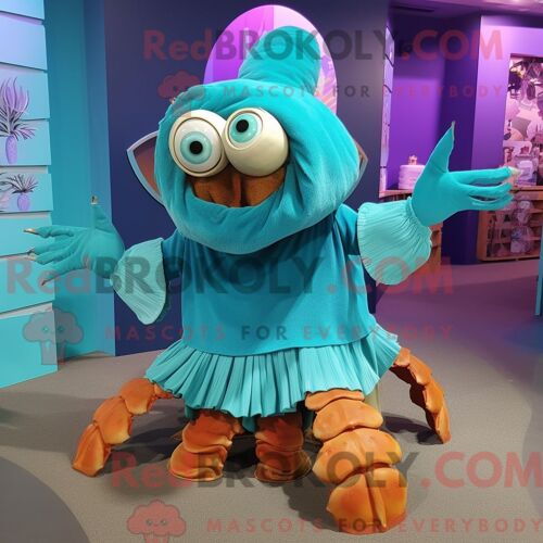 Costume De Mascotte Redbrokoly De Crabe Ermite Turquoise Habillé D Une Jupe Trapèze Et De Gants