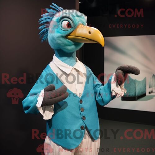 Costume De Mascotte Redbrokoly De Pintade Turquoise Personnage Habillé D Une Chemise Habillée Et De Gants