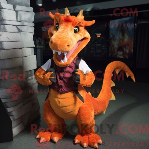Costume Mascotte Redbrokoly De Dragon Orange Personnage Habillé Avec Un Gilet Et Des Ceintures
