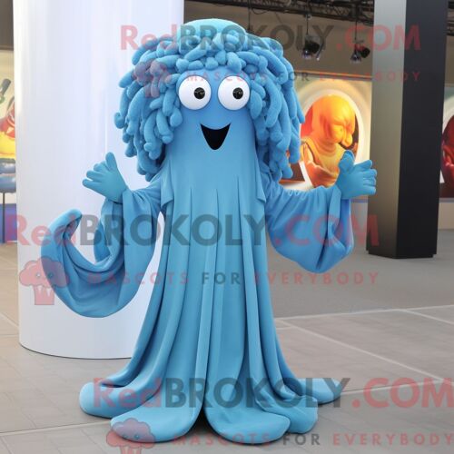 Costume Mascotte Redbrokoly De Méduse Bleu Ciel Habillé D Un Manteau Et De Coussinets De Pieds