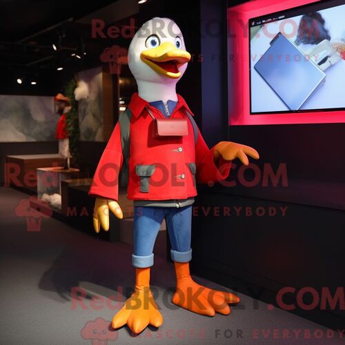 Costume De Mascotte Redbrokoly D Oies Rouges Habillé Avec Un Jean Skinny Et Des Portefeuilles